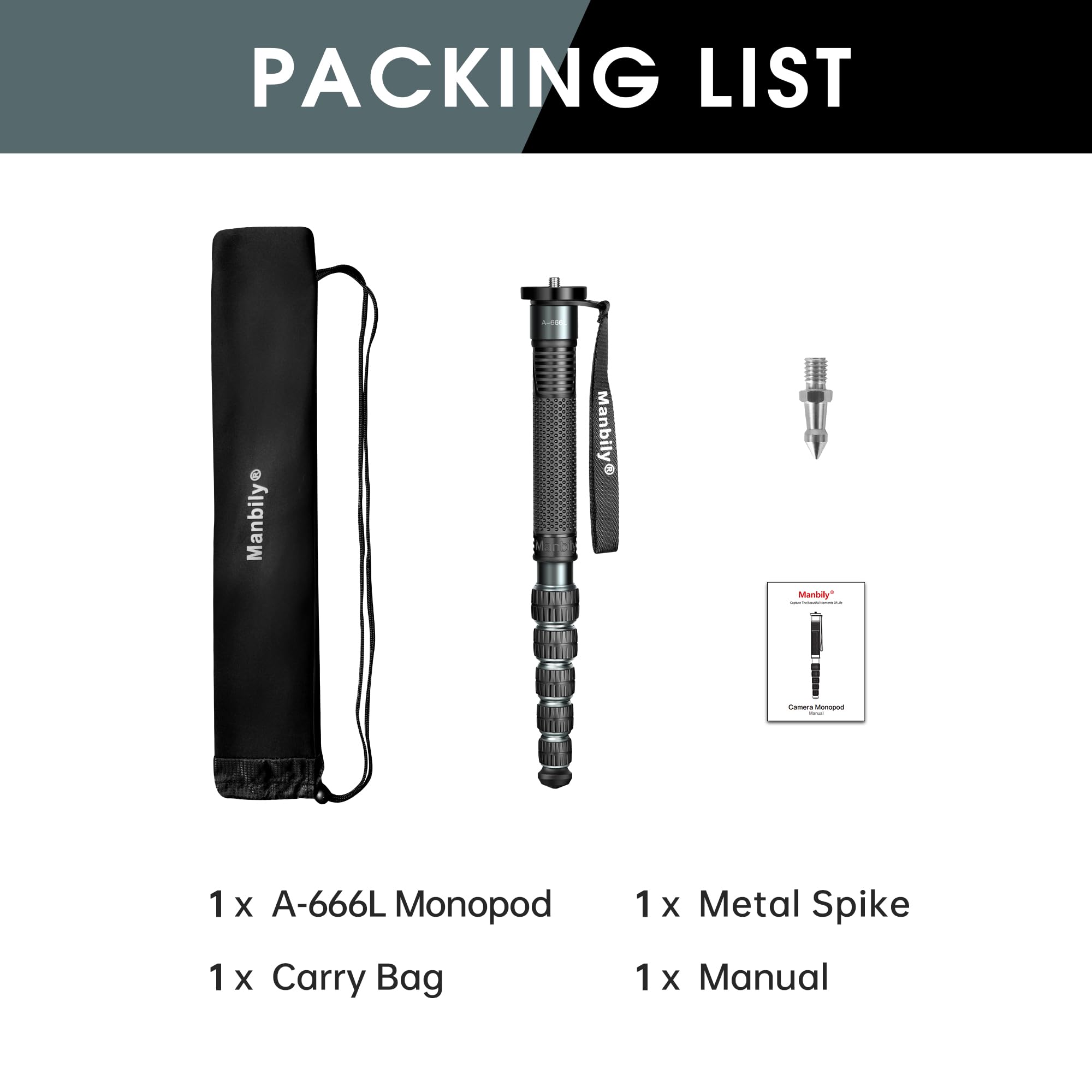 Manbily A-666L 32mm Einbeinstativ für Kameras 44cm-174cm aus Aluminium Monopod Stativ DSLR Reise-Einbeinstativ 6 Abschnitte Wanderstöcke Max. 15KG, 1/4 & 3/8 Zoll Videokamera (Metallgrau)
