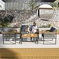 Pamapic 4 Pieces Outdoor Patio Furniture Set with Wicker Handrails, Plastic-Wood Balcony Furniture with Wicker Arm Panel, All-Weather Metal Patio Conversation Sets with Cushion and Coffee Table