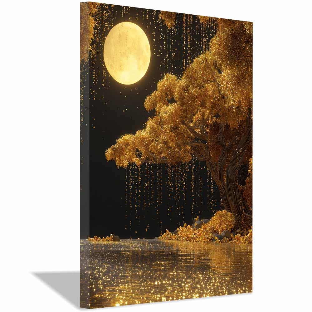 HOQIU Canvas Wall Art Glowing Golden Bonsais tree poster, landscape wall art, for Living Room Bedroom Bathroom.(Multicolor)-60x80cm Framed