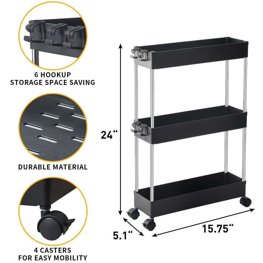 SPACEKEEPER Slim Storage Cart 3 Tier Mobile Shelving Unit Organizer