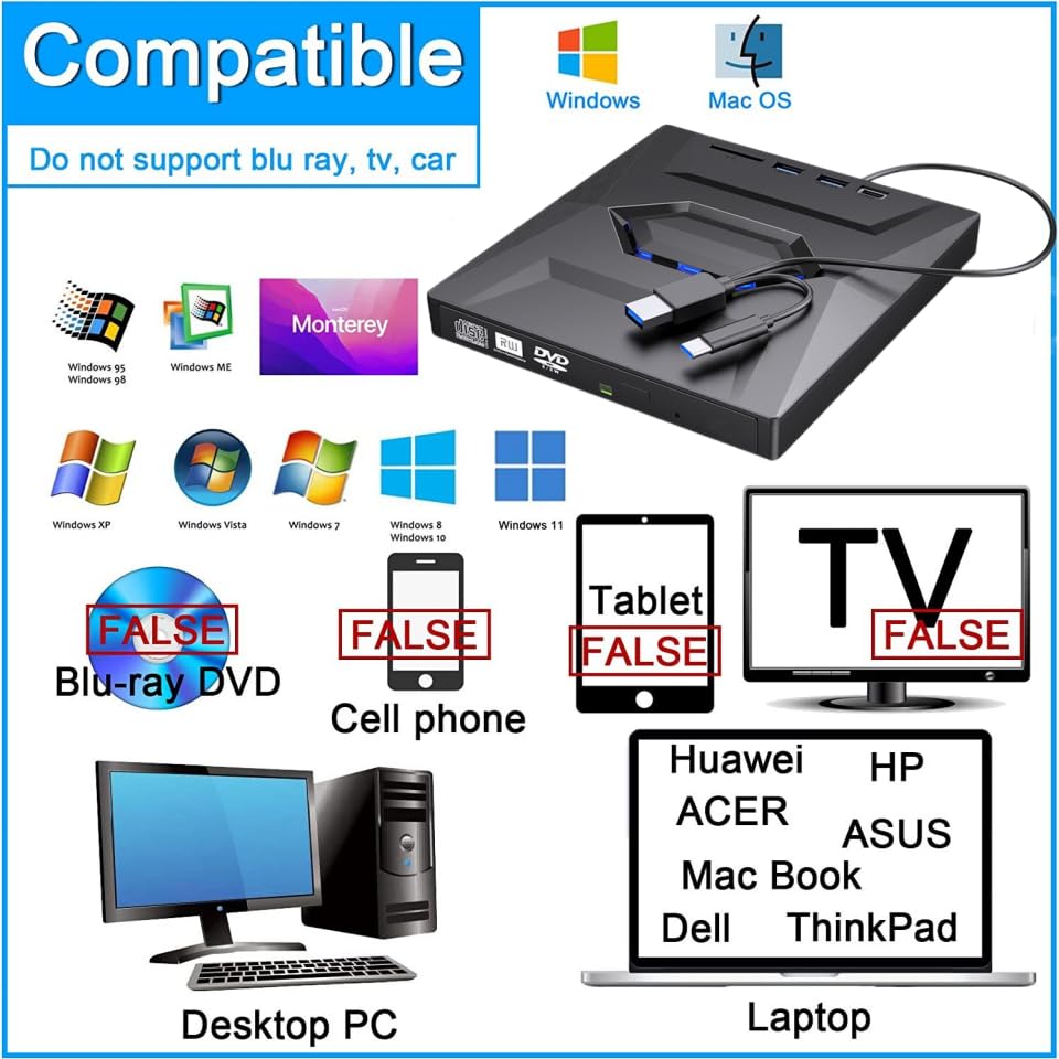 Graveur CD DVD RW portable USB C externe multi-support compatible Windows Mac Linux - 7