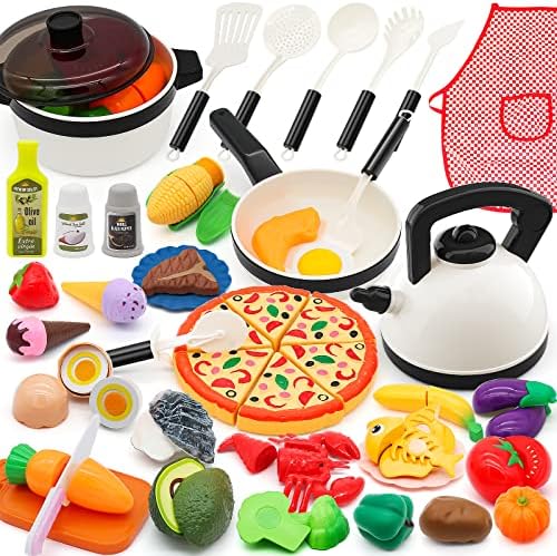 Hohosunlar 39 Items 62Pcs Play Kitchen Toy Accessories Set, Kids Kitchen Set with Play Pots and Pans, Pretend Play Food, Cooking Utensils, Apron, Toddler Kitchen Playset Kids Girls Boys Age 3+
