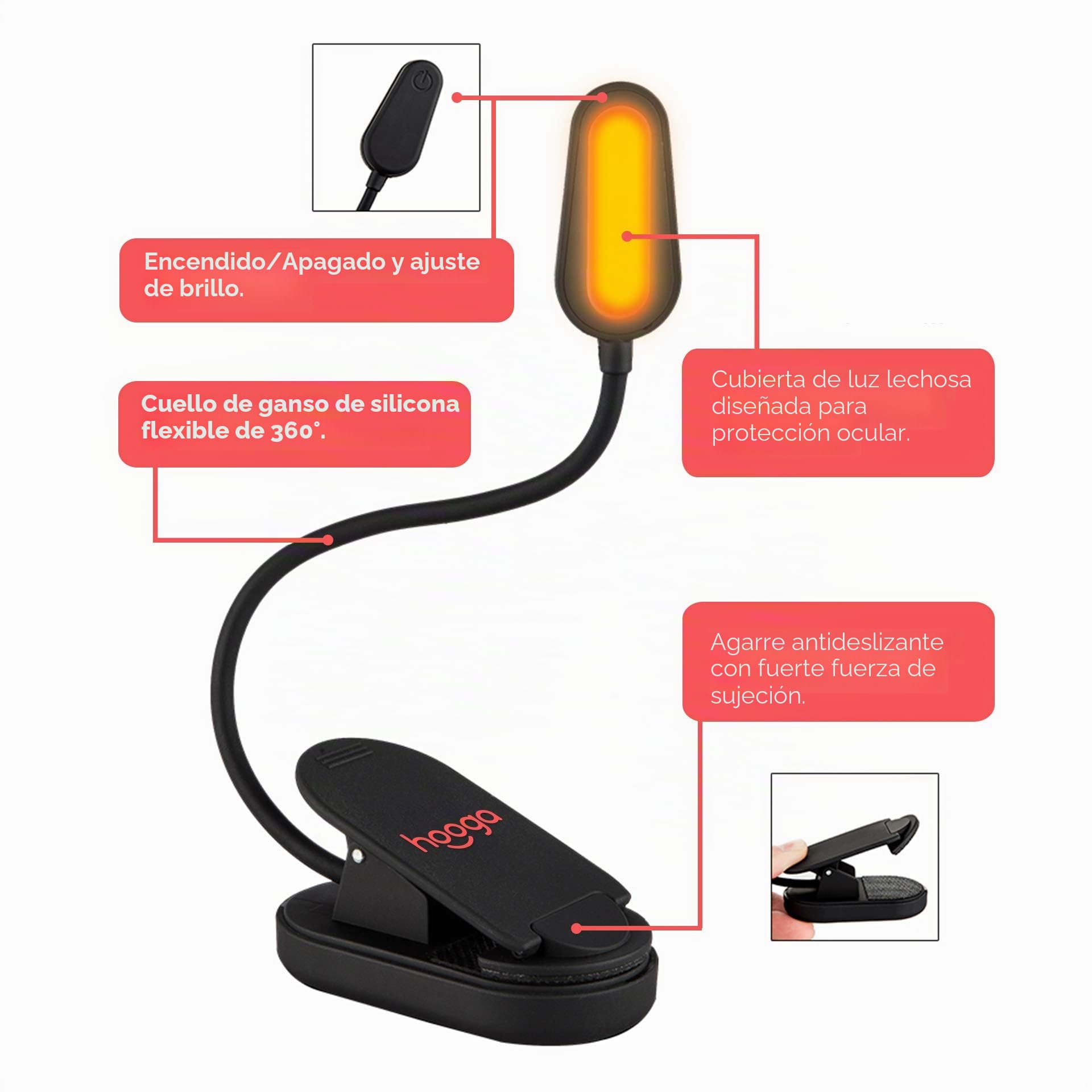 hooga Luz de libro ámbar, recargable con clip de bloqueo de luz azul, luz de lectura LED, 1600 K, cuidado de los ojos cálido para cama, estudiantes, niños, viajes, enfermería, estudio