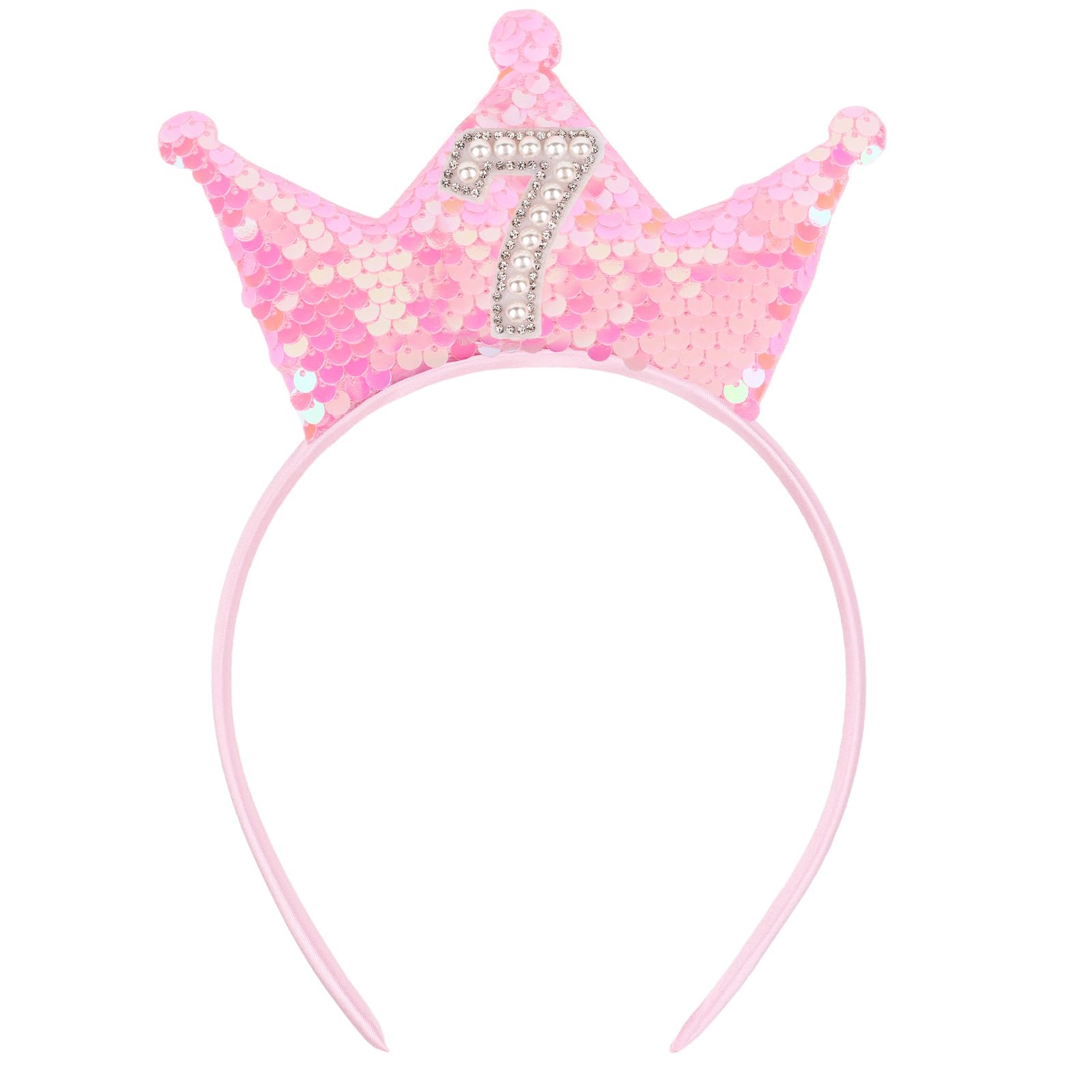 BAHABY Birthday Crown Headband Pink Glitter Headbands for Girls Gifts for 7 Year Old Girls 7th Birthday Decorations