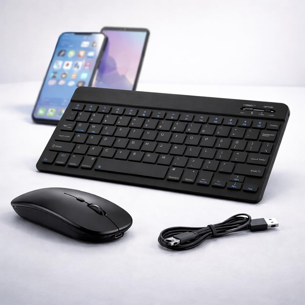 Conjunto Teclado e Mouse Bluetooth Sem Fio Portátil Recarregável USB Compatível com Celulares Tablets Notebooks Computadores Ultrafino Silencioso (Preto)