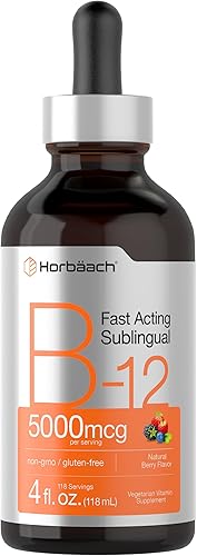 B-12  5000mcg  4oz  Vitamina líquida sublingual de acción rápida sabor a bayas naturales  Fórmula vegetariana, sin OMG y sin gluten  por Horbaach