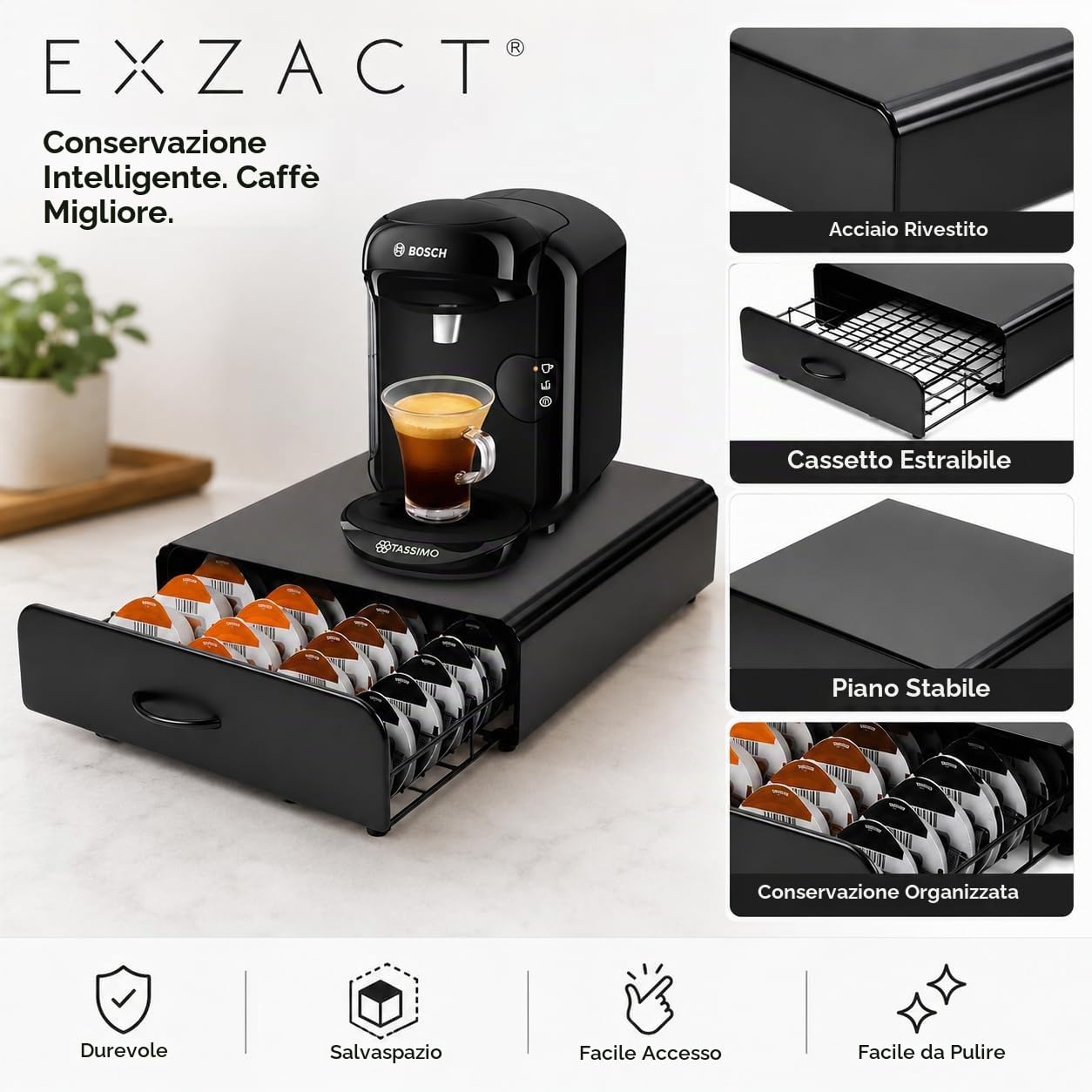 Exzact Cassetto per Capsule di Caffè - Organizzatore per Cialde, Capacità Massima di 64 Capsule,