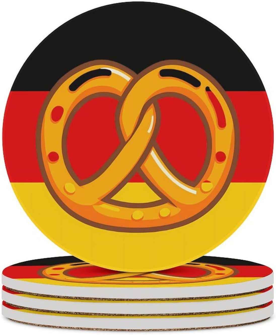 Pretzel Germany Flag Round Ceramic Coasters Print Drinks Absorbent with Cork Base for Home Decor Gifts 4 Inch