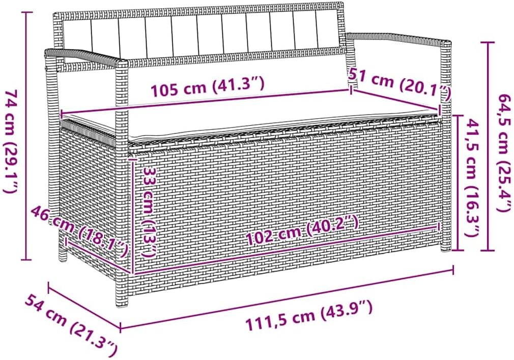 Detailed diagram of the bench with all dimensions labeled in cm and inches