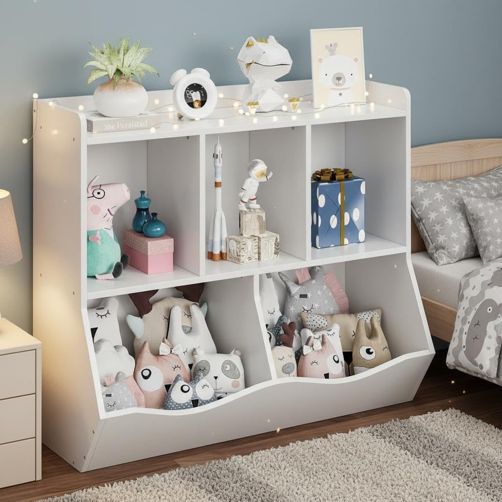 GAOMON Kids Bookshelf and Toy Storage, Wooden Toy Storage Cabinet, Kid’s Multi Shelf Cubby for Books, Playthings & Collectibles, Storage Organizer for Boys, Girls Play Room/Bedroom, White