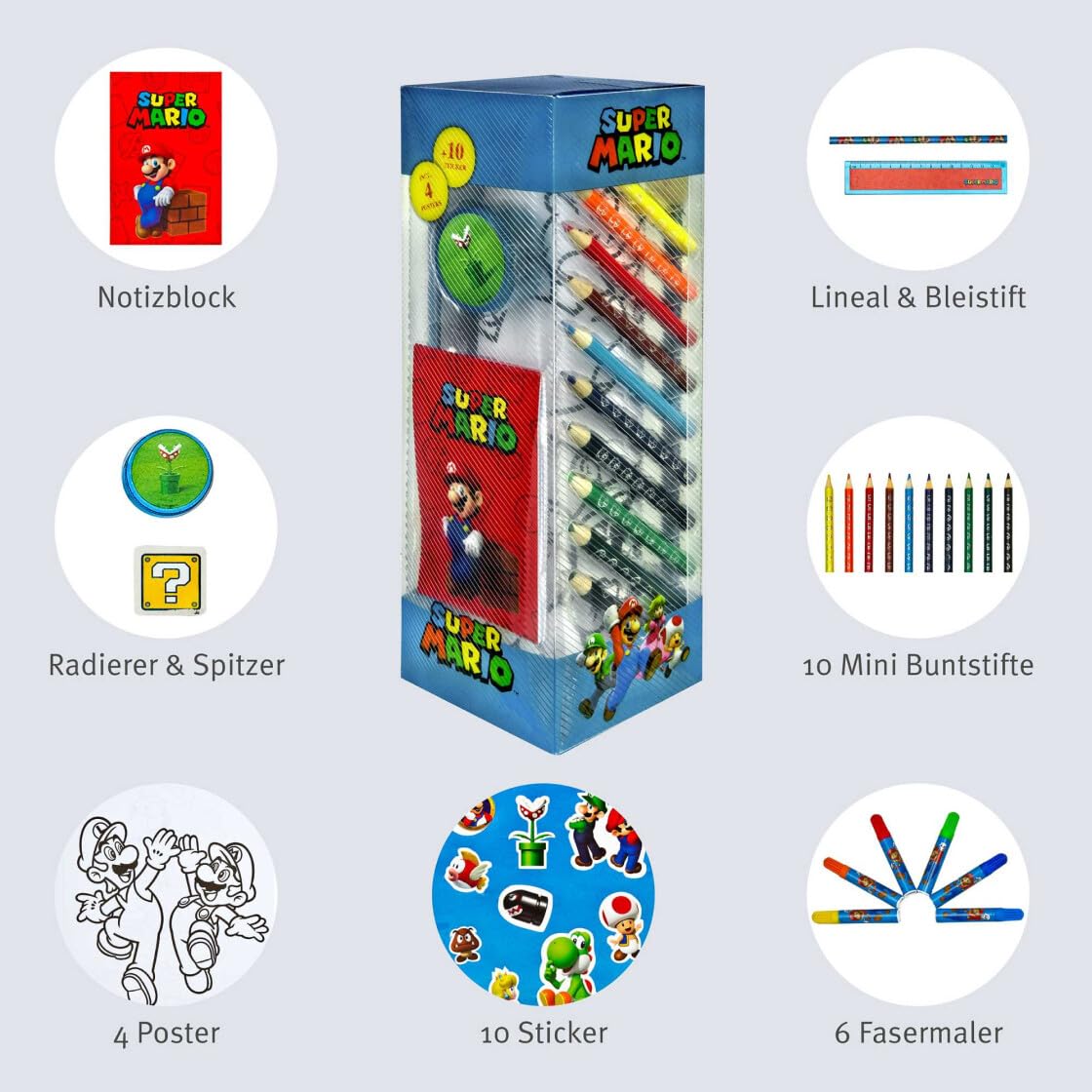 Mochila de guardería Super Mario con fiambrera y botella, estuche personalizado con nombre, juego de mochila infantil, fiambrera y vaso, estuche azul real