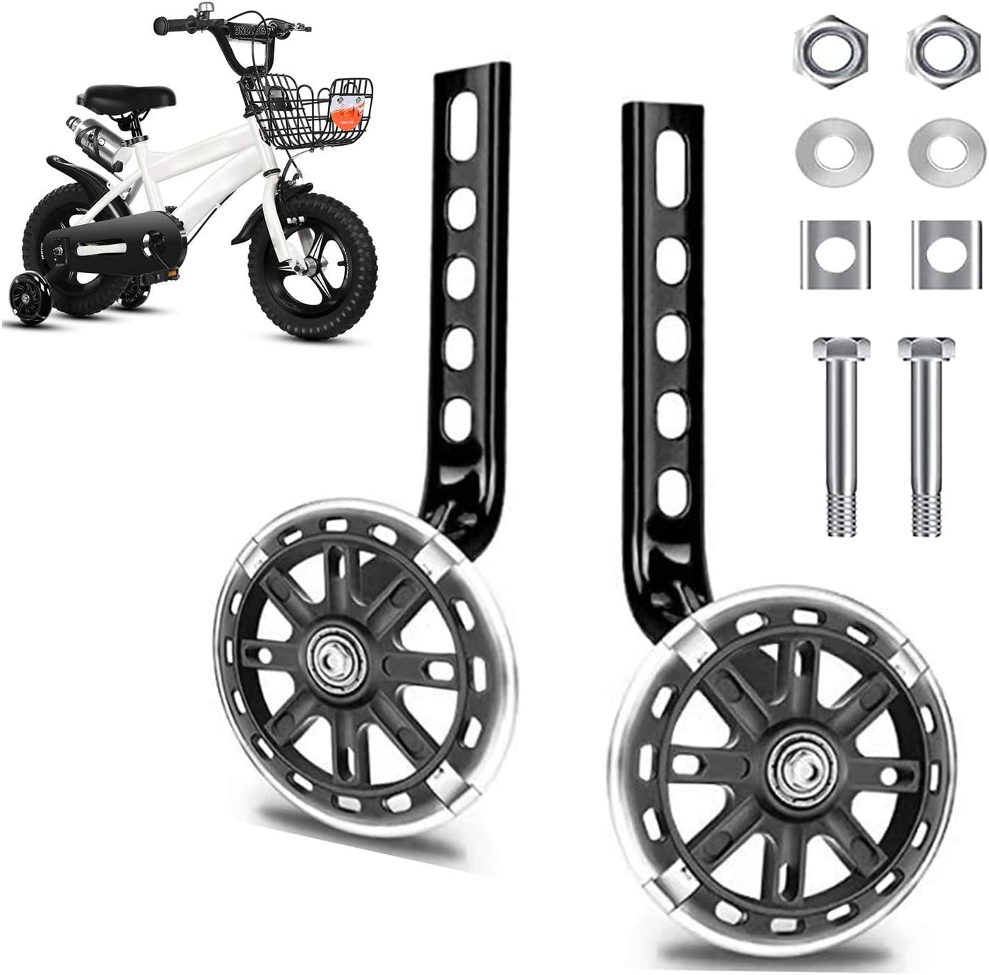 KASTWAVE Kids Bike Support Wheel, Rear Training Stabilizer for 12 14 16 18 20 Inch Bike, Silent Flash Boys and Girls Practice Mounting Kit (1 Set, Black)