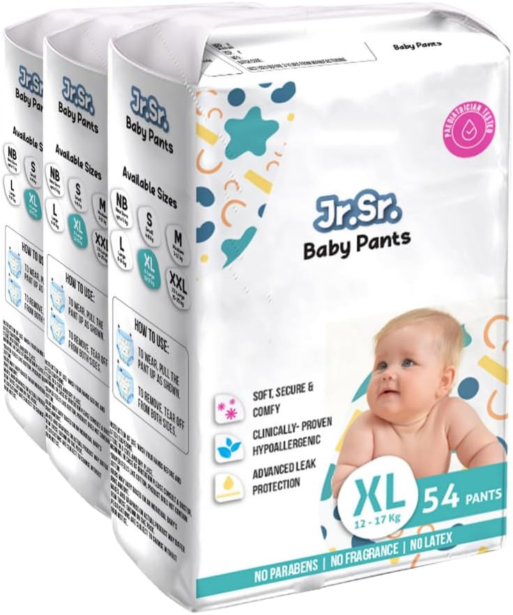 Jr. Sr. Baby Diaper Pants | Extra Large (XL) Size (12-17 kg), 162 Count | Pack of 3 | Upto 12 hr Absorption with Advanced Leak Protection | Safe For Babies Skin | Soft, Secure & Comfy