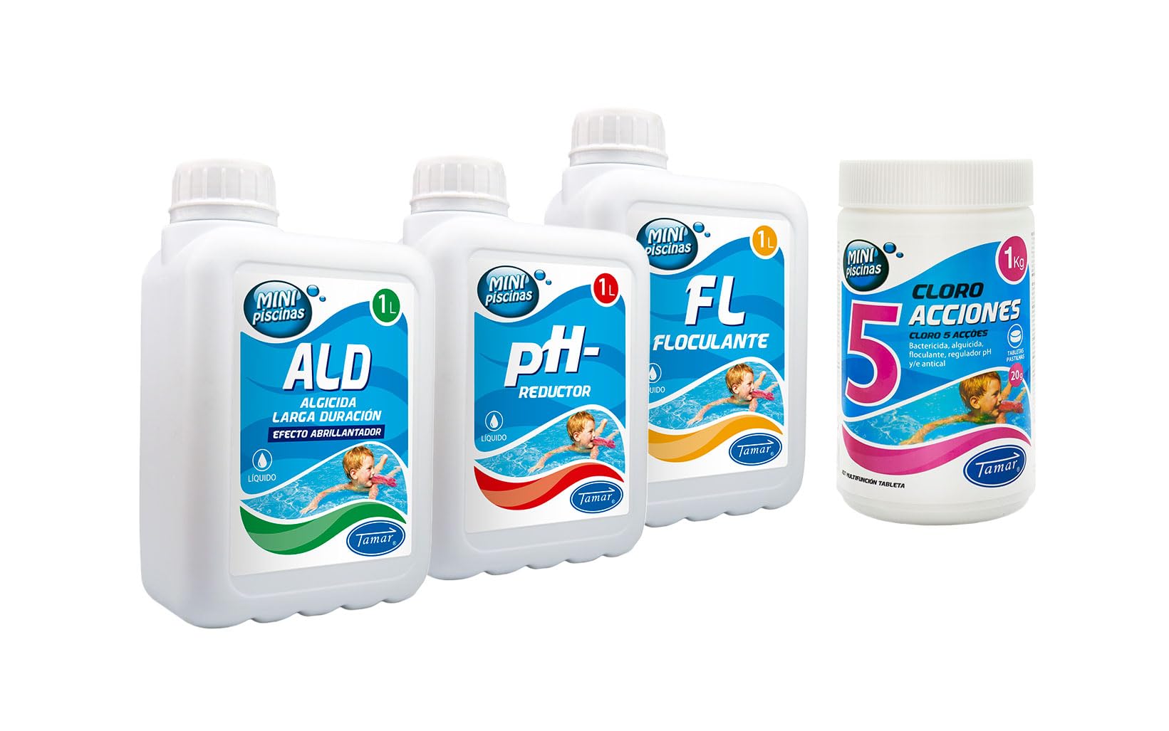 Pack Mini Piscinas Cloro 5 acciones 1kg + Reductor pH + Alguicida Larga Duración + Floculante 1 litro