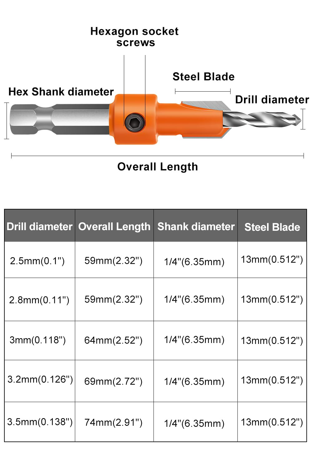 5Pcs Countersink Drill Bits Set,1/4" Hex Shank Tapered Drill Bits,5 Piece Wood Chisels Set, Wood Working Chisel Set for Woodworking