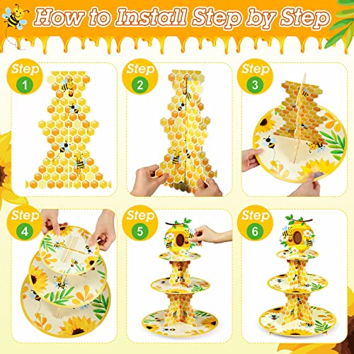 Tiamon 3 Tier Bee Paper Cupcake Stand Holder Sunflower Party Dessert Round Tower Yellow Sturdy Cupcake Pastry Stand for Kids Birthday Baby Shower Decorations Bee Theme Party Supplies by Tiamon - Image 4