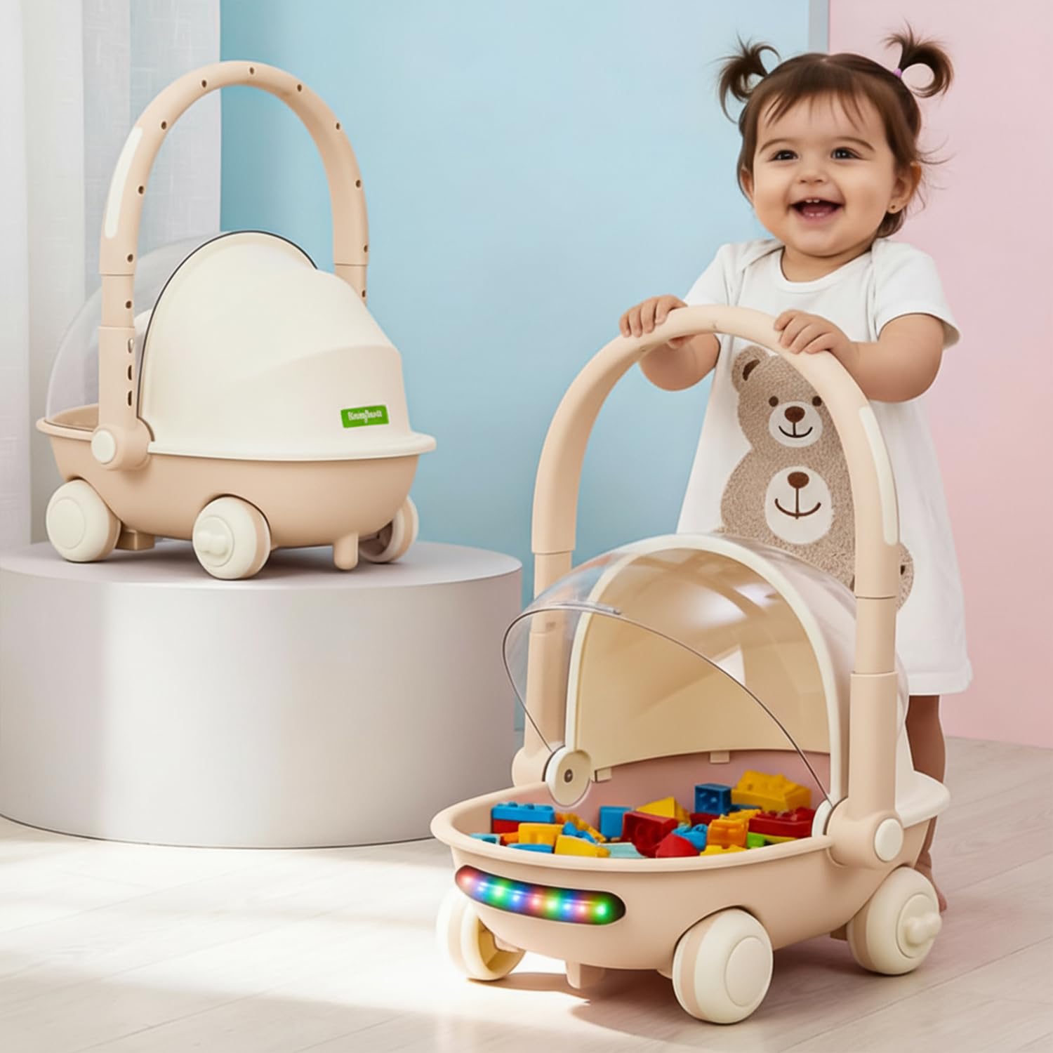 Baybee Shopping Cart with Push Ride on Toy Car for Kids with Light & Music | Push Walker Storage Basket with Foldable Adjustable Handle & Closing Lid | Walker for Kids for 6+ Months Babies (Beige)-image-12