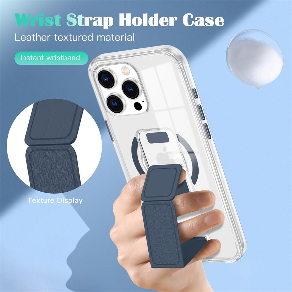 Custodia protettiva anticaduta con supporto magnetico per cinturino da polso trasparente per iPhone 13, 14, 15, 16 Pro Max, 14, 15, 16 Plus, colore grigio blu, per iPhone 13