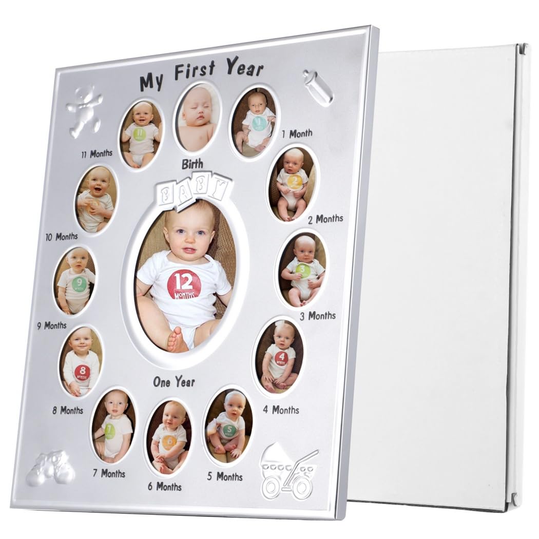 Keepsake Baby Photo Frame, 1-Year Milestone Frame, Oval Shape, 13 Photo Slots for Newborn to One-Year-Old