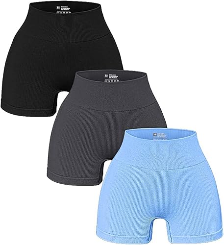 niyokki Pantalones cortos de entrenamiento para mujer, 3 piezas, acanalados, sin costuras, de cintura alta, para yoga, levantamiento de glúteos,