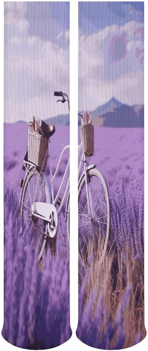 Lavender Field Bike Crew Socks Cozy Casual Calf Socks Lightweight Long Work Sock Breathable Athletic Sock for Hiking Sports Running 5 Pairs