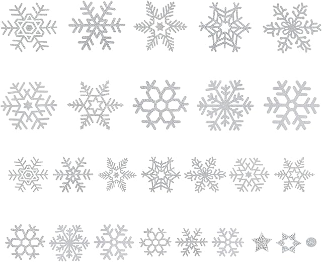 KEYIDO 110Pcs Glitter Snowflakes Window Stickers Silver Snowflake Decorations Reusable Christmas Snowflake Window Stickers Silver Snow Flakes Stickers for Crafts Christmas Window Decoration