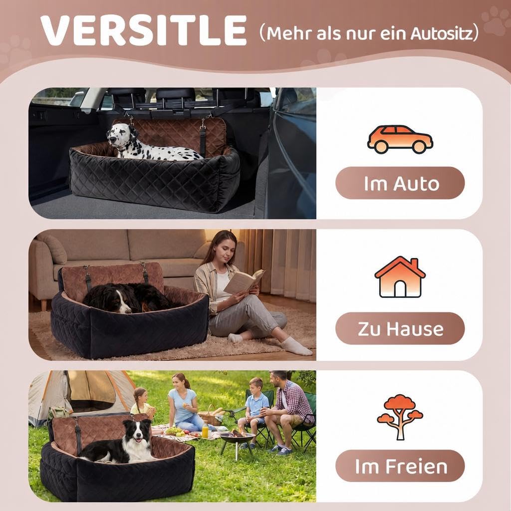 HAUSPROFI Hunde autositz für mittlerer/große Hunde, Schwarz+Braun | Hundesitz für Hunde unter 25Kg oder 2 kleine, Waschbarer hundesitz Auto mit Aufbewahrungstaschen, Ansteckbare Leine