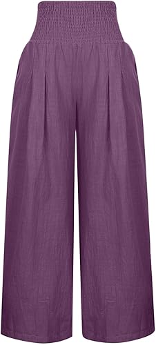 Miniatura 8 de Pantalones capri para mujer, de cintura alta, de algodón, lino, sueltos, palazzo, pierna ancha, cómodos, para descansar