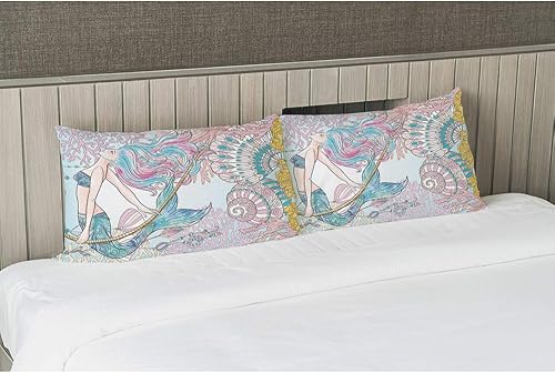 Miniatura 4 de EKOBLA Funda de almohada estilo mediterráneo, diseño de sirena, océano, animales náuticos, playa, algas, conchas marinas, decoración lumbar, funda
