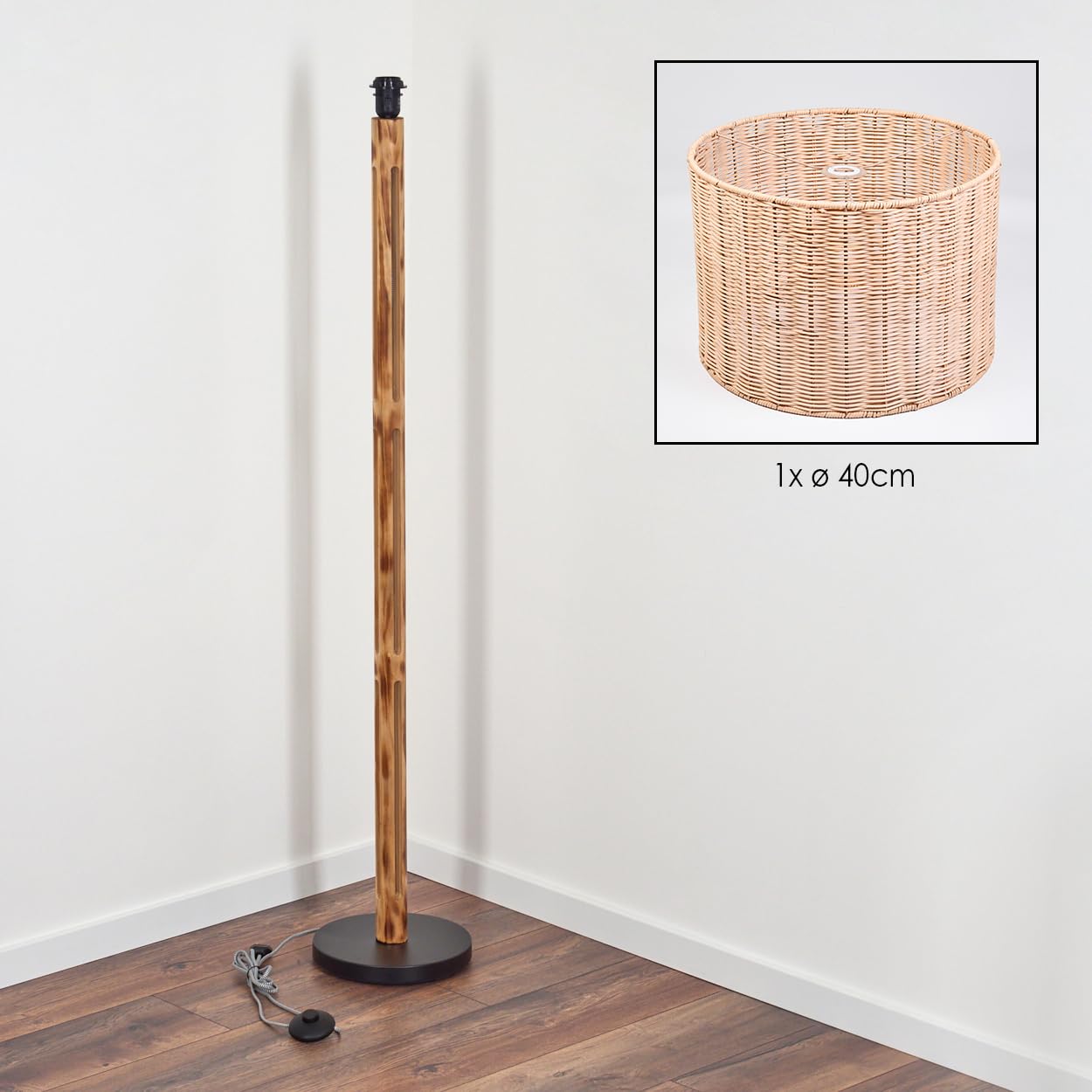 HOFSTEIN Lampadaire Cavaca, au design scandinave, style bohème avec abat-jour en osier/rotin, Ø 40 cm, E27, hauteur 158 cm, avec interrupteur à pied - salon, chambre à coucher, salle à manger, bureau