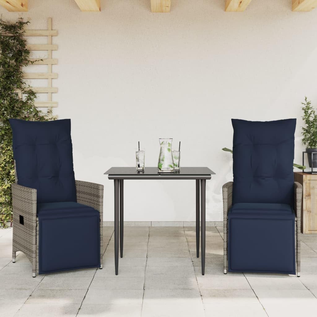 Lot de 2 fauteuils de Jardin extérieur inclinables en rotin synthétique Gris 56 x 59 x 92 cm Dossier et Repose-Pieds réglables Coussin Bleu Marine Amovible pour terrasse Balcon Bain de Soleil