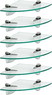 Floating Glass Wall Corner Shelves - 20cm - Pack of 6 - Shelving Storage Vanity Display Shelf Unit with Silver Brackets for Bathroom, Shower, Kitchen, Living Room