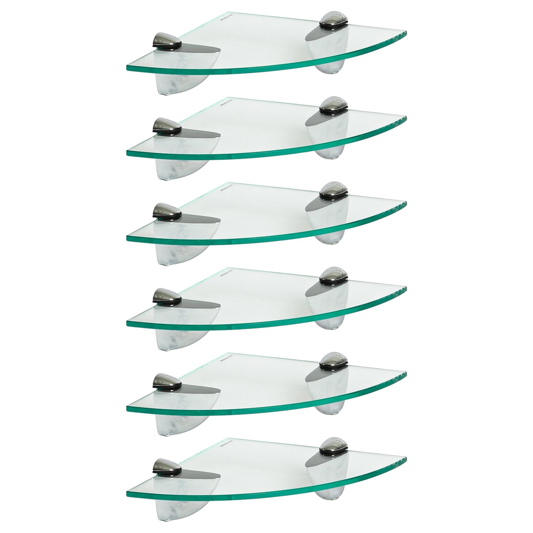 Harbour Housewares Floating Glass Wall Corner Shelves - 20cm - Pack of 6 - Shelving Storage Vanity Display Shelf Unit with Silver Brackets for Bathroom, Shower, Kitchen, Living Room