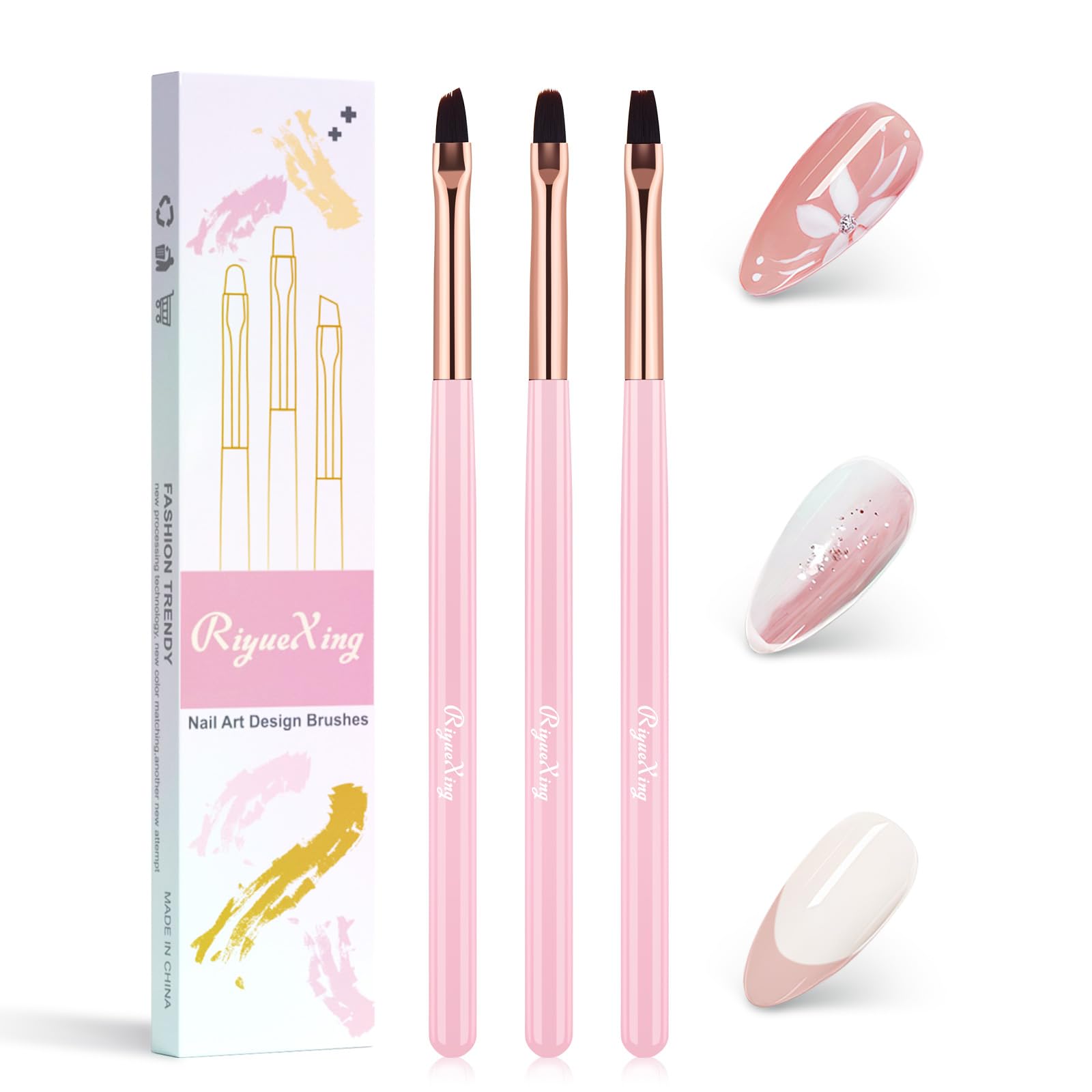 Nail Art Clean Up Brushes - 3Pcs Nail Art Brush Set with Flat/Oval/Fine Angled Gel Brush, Nail Extension Tool for Professional DIY Home Salon(Clear