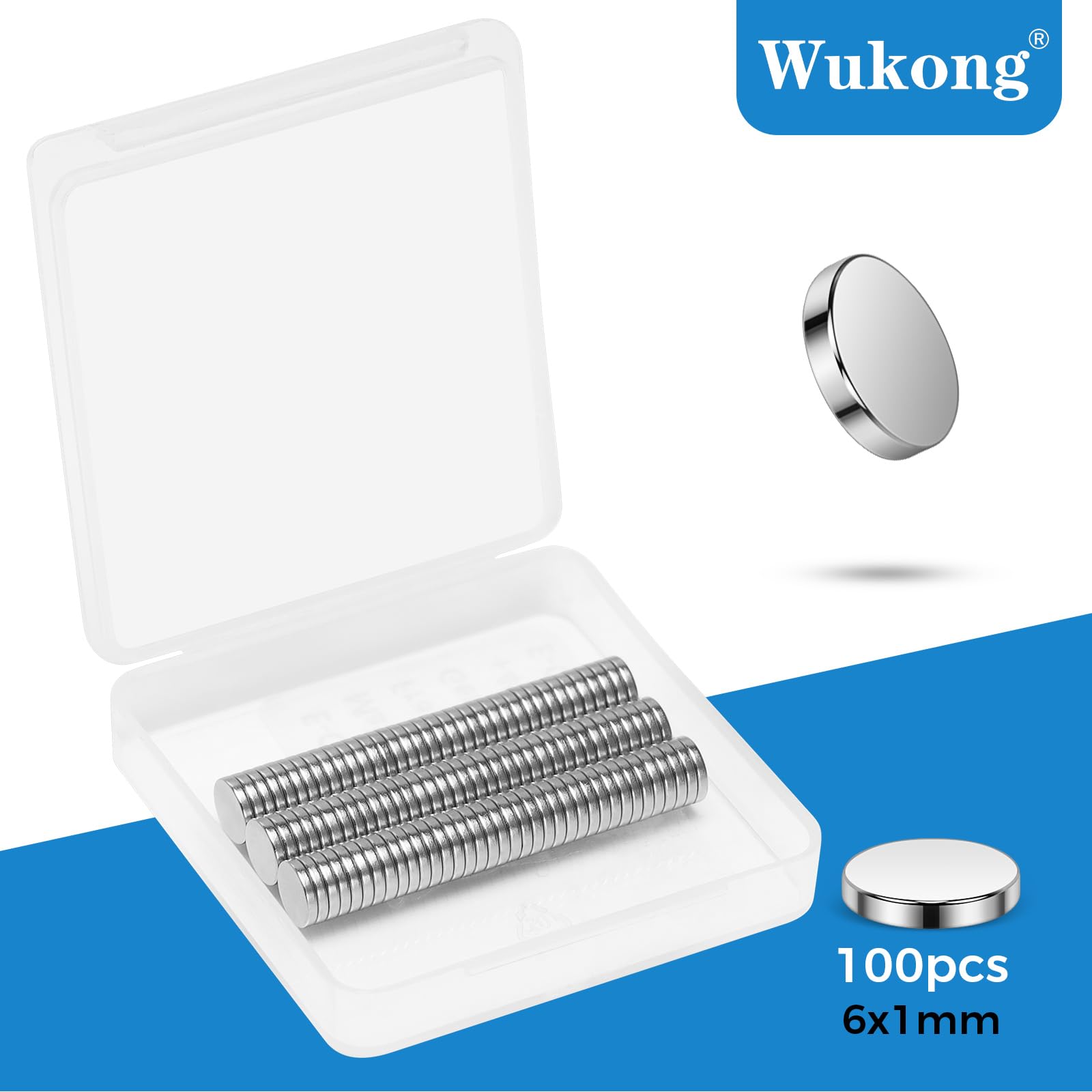 Wukong Małe magnesy 6 x 1 mm, mini magnesy neodymowe, 100 sztuk, na lodówkę, drukarkę 3D, do modeli i projektów typu „zrób to sam"