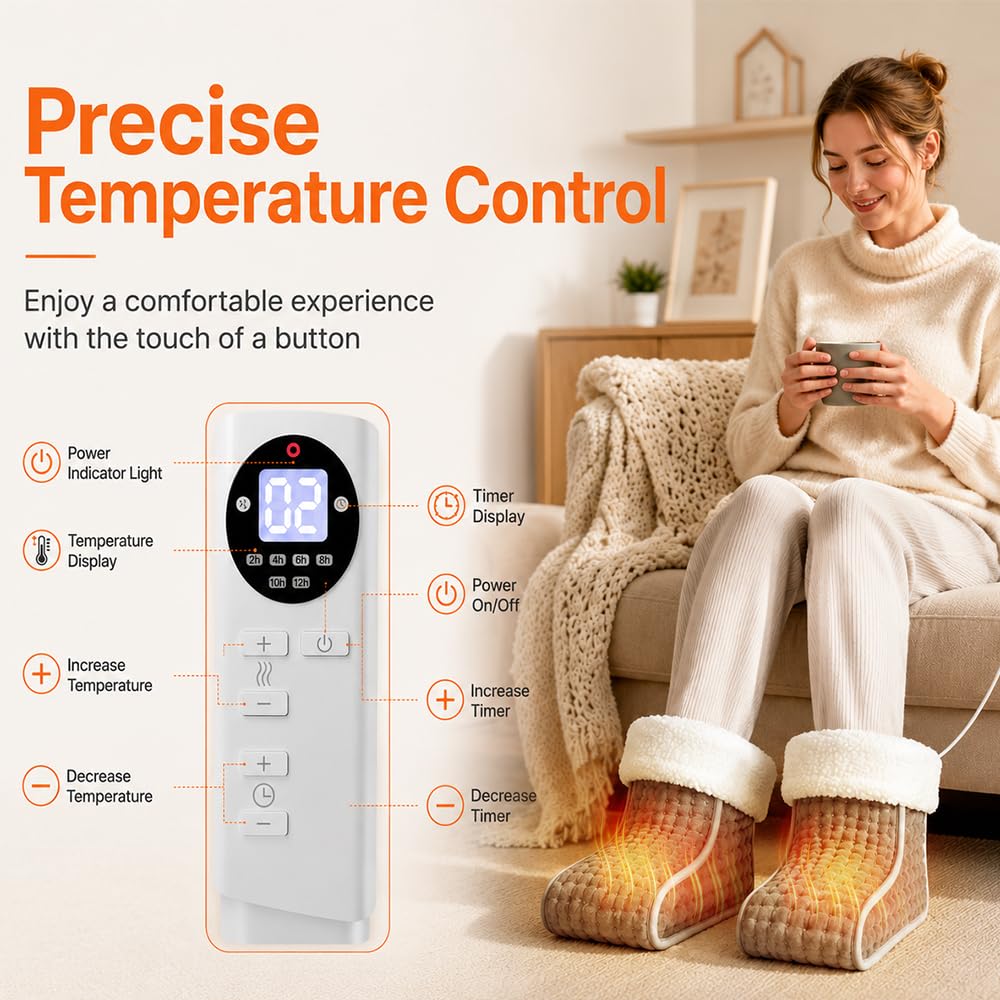 NAVESO Scaldapiedi Elettrico, Scaldapiedi con Rivestimento Lavabile, 12 Livelli di Temperatura e 6 Timer per Inverno Piedi Freddii, Spegnimento Automatico e Protezione da Surriscaldamento