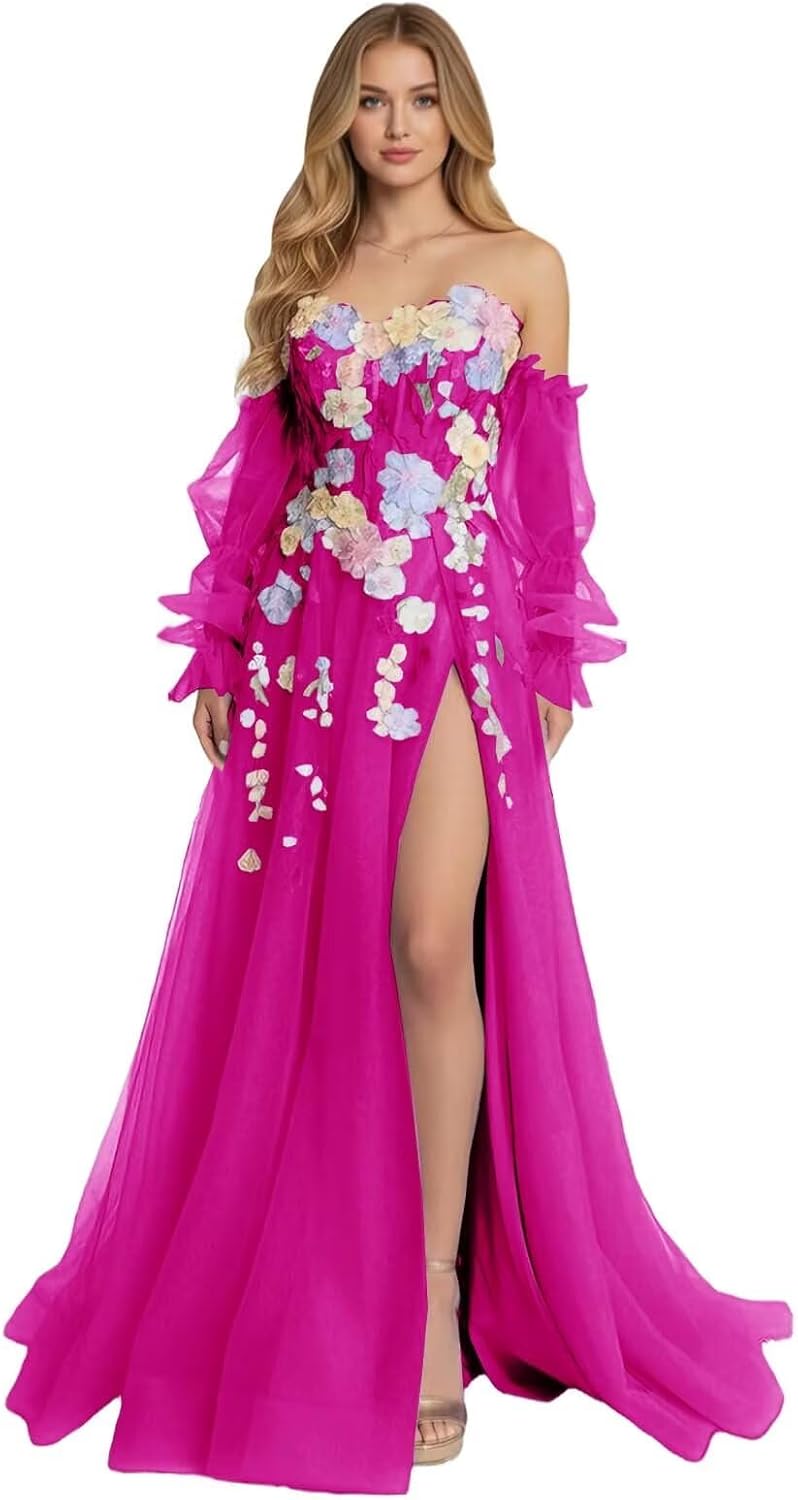 3D Floral Prom Dresses for Women 2026 Off-Shoulder Tulle Evening Dresses Formal Party Gown Dresses with High Split