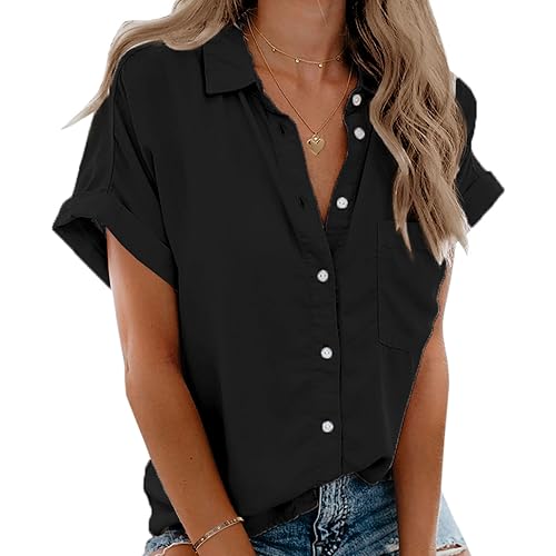 Beautife Womens Short Sleeve Shirts V Neck Collared Button Down Shirt Tops with Pockets