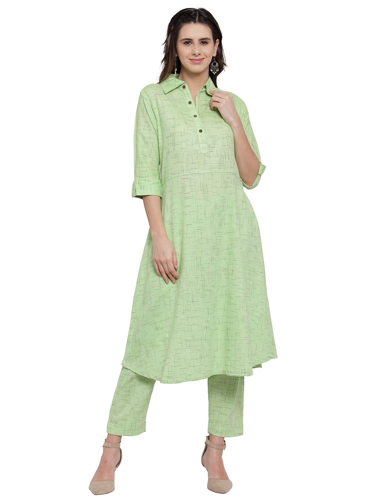 sayesha Green Shirt Collar A-Line Cotton Kurti with Culotte-picture-32