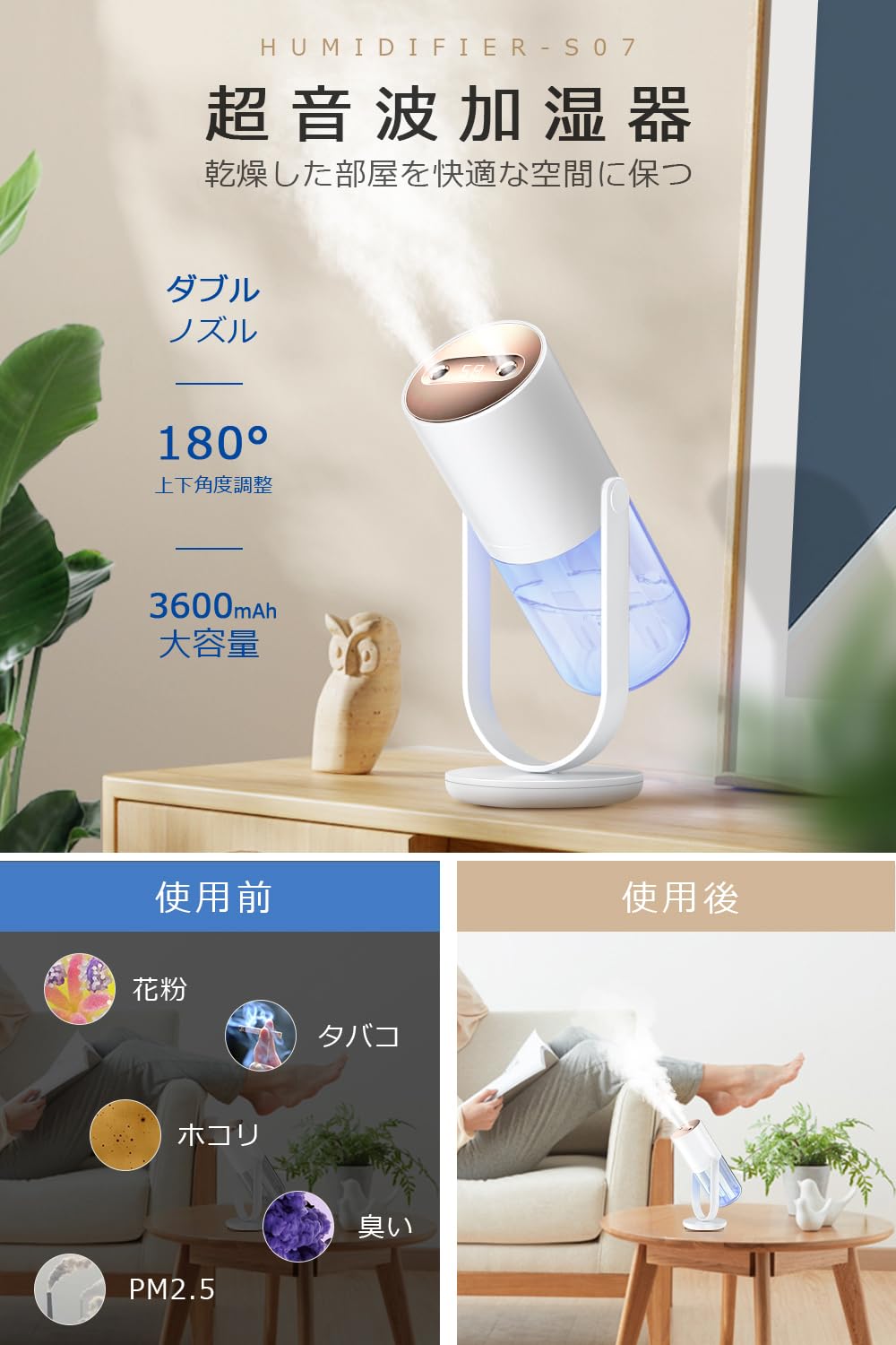 Amazon.co.jp: 加湿器 卓上 小型 500mL 【UVライト除菌&マイナスイオン