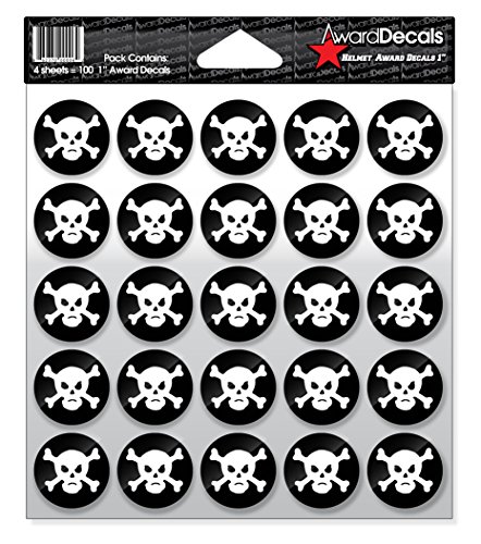 Image of Award Decals Skull and Crossbone Sticker Set (White on Black) (100 Decals) 1 inch The Original Award Decals Premium 20mil Thick Helmet Decals Made in the USA Since 1976