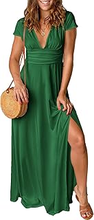 Women Summer Deep V Neck Short Sleeve Dresses Slit Elegant Wedding Guest Formal Cocktail Evening Maxi Long Dress - Buy now