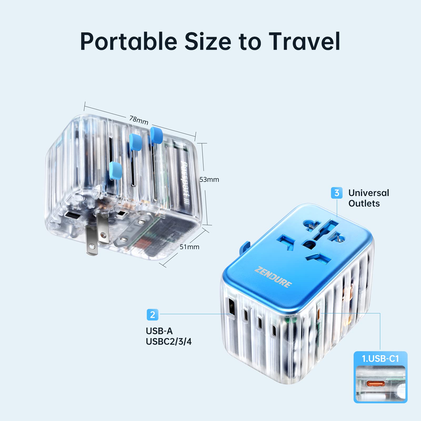 Zendure Adattatore Universale da Viaggio, Apple Alimentatore USB C da 65W, 1 USB-A, 4 USB-C, 1 AC Presa, Ricarica Rapida (PassPort III=Adattatore da Viaggio+Alimentatore+Hub USB)