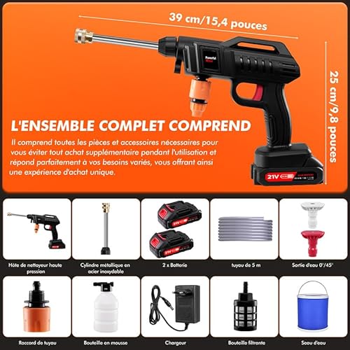Cordless 21V High Pressure Washer Gun, 1500W Handheld Power Washer with Rechargeable Battery, 16.5ft Hose & Nozzles for Car Wash, Patio Cleaning, Watering - Image 9