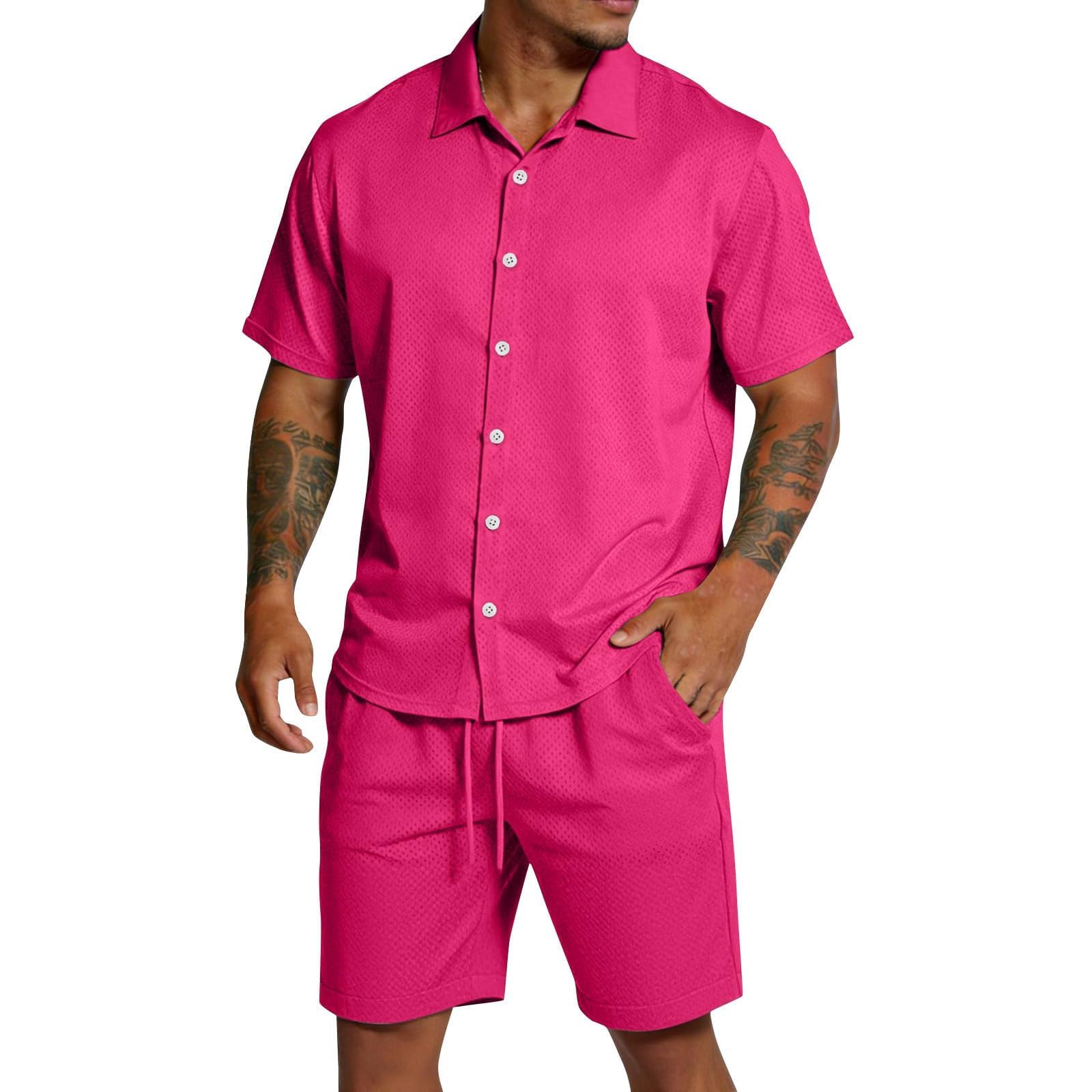 Herren 2-Teiler Sommer Outfit Hemd Shorts Set Strick Struktur Freizeit Strand Urlaub Leicht Baggy Hausanzug Sport Jogginganzug