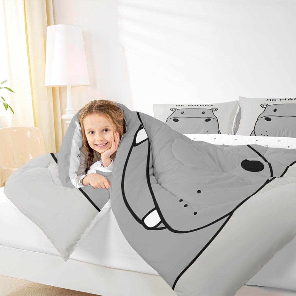 jejeloiu Kids Hippo Bedding Set Twin Size Cute Hippopotamus Comforter Set Be Happy Quote Comforter Boys Girls Teens Ultra Soft Cartoon Grey