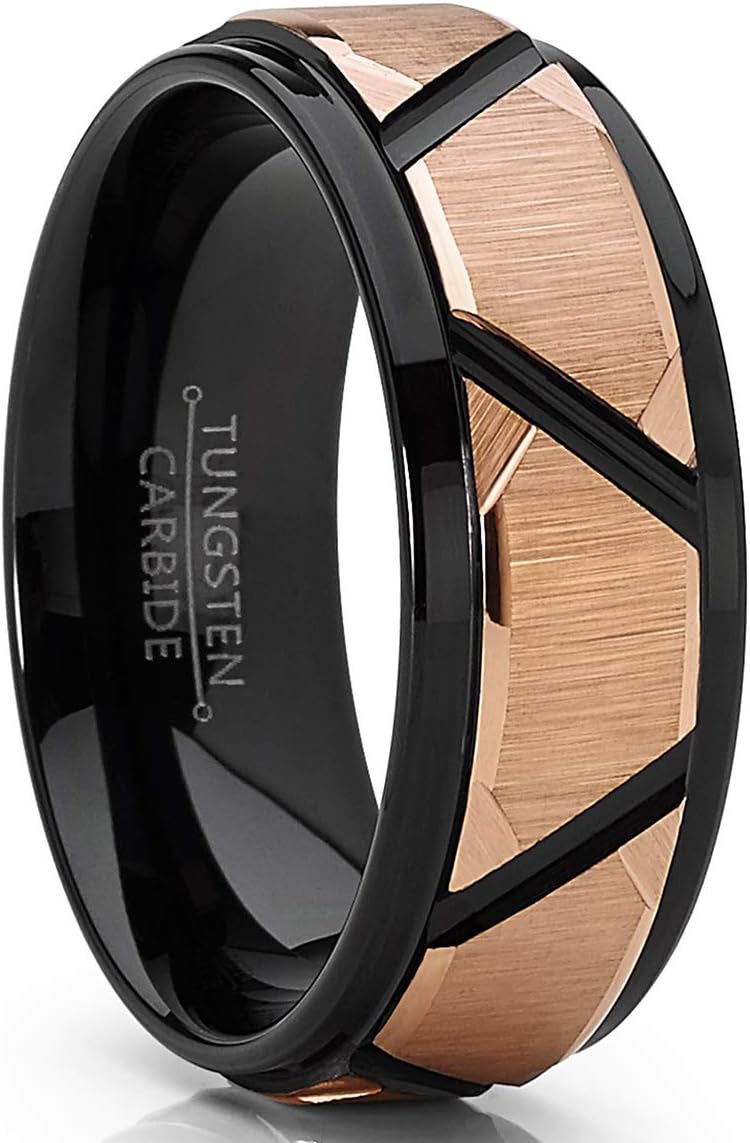 Metal Masters Co. Men's Tungsten Carbide Wedding Ring Black and Rose Goldtone Faceted Band 8mm