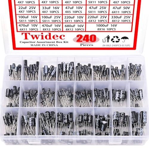 Twidec N-062-240PCS-0.1UF 24 Values Aluminum Electrolytic Capacitor Assortment Box Kit 240Pcs 0.1Uf-1000Uf Different Range 10V/16V/25V/50V Radial Leads Electrolytic Capacitors Set cover