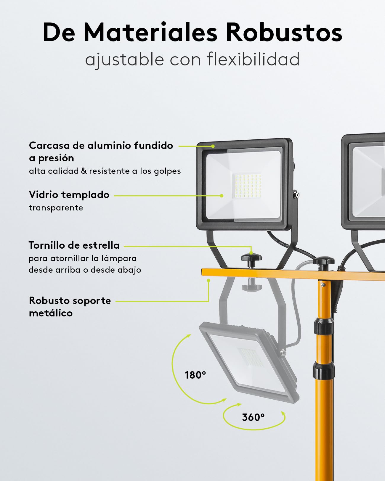 goobay Foco LED para Obras 49984-Foco construcción telescópico (Doble Cabezal, para Uso en Interiores y Exteriores, trípode de Metal, luz Blanca fría), Negro, Amarillo, 2x 50 Vatios