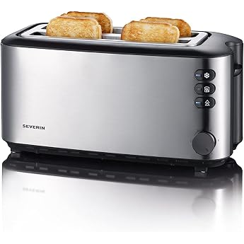 Severin Double Long Slot Toaster with Built-in Bun Attachment, for 4 Slices of Bread, Slice Centring, Warm-up and Defroster S